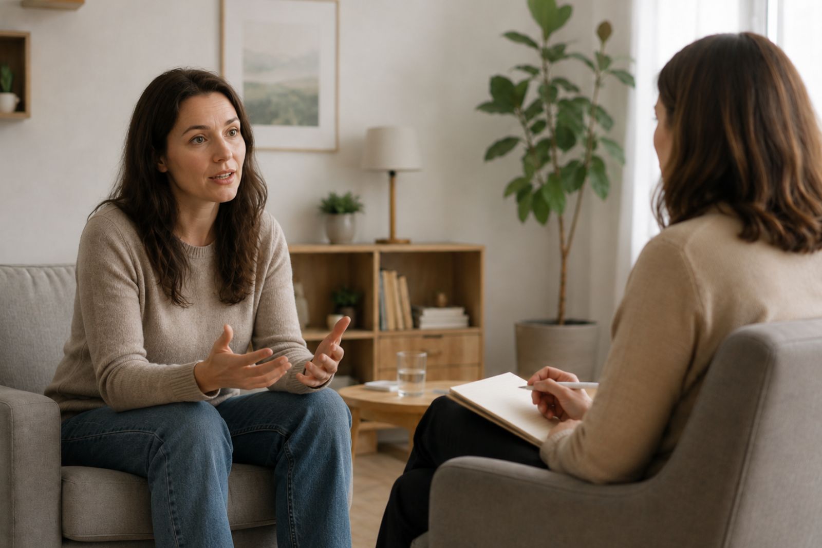 Pessoa em consulta de psicologia após separação, a receber apoio emocional