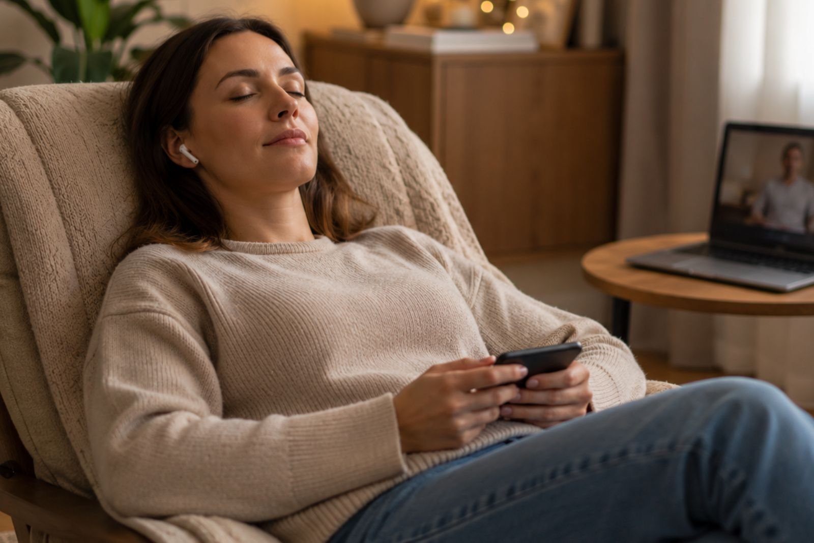 Hipnoterapia para ansiedade online Mulher relaxada durante uma sessão online de hipnoterapia para ansiedade