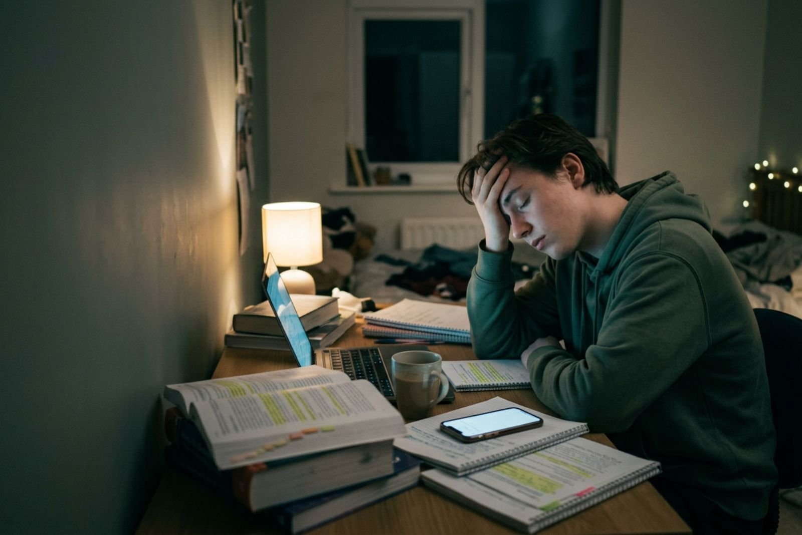 Sobrecarga académica e burnout estudantil Estudante a estudar até tarde com sinais de cansaço e sobrecarga académica